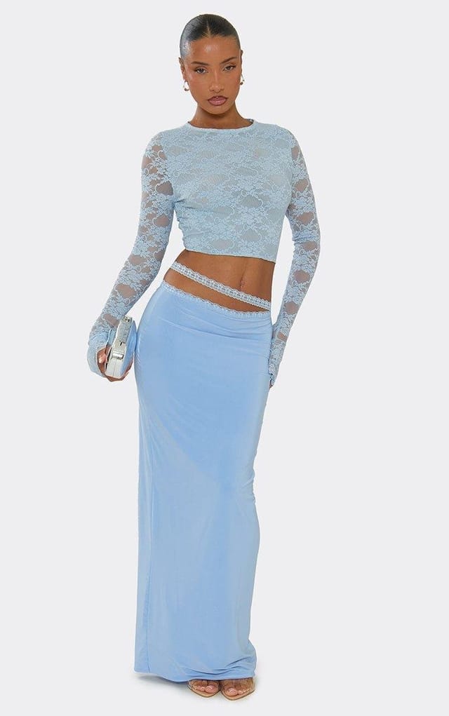 EGO Mid Waist Wrap Detail Maxi Skirt In Blue Lace, Women's Size UK 6 - 2