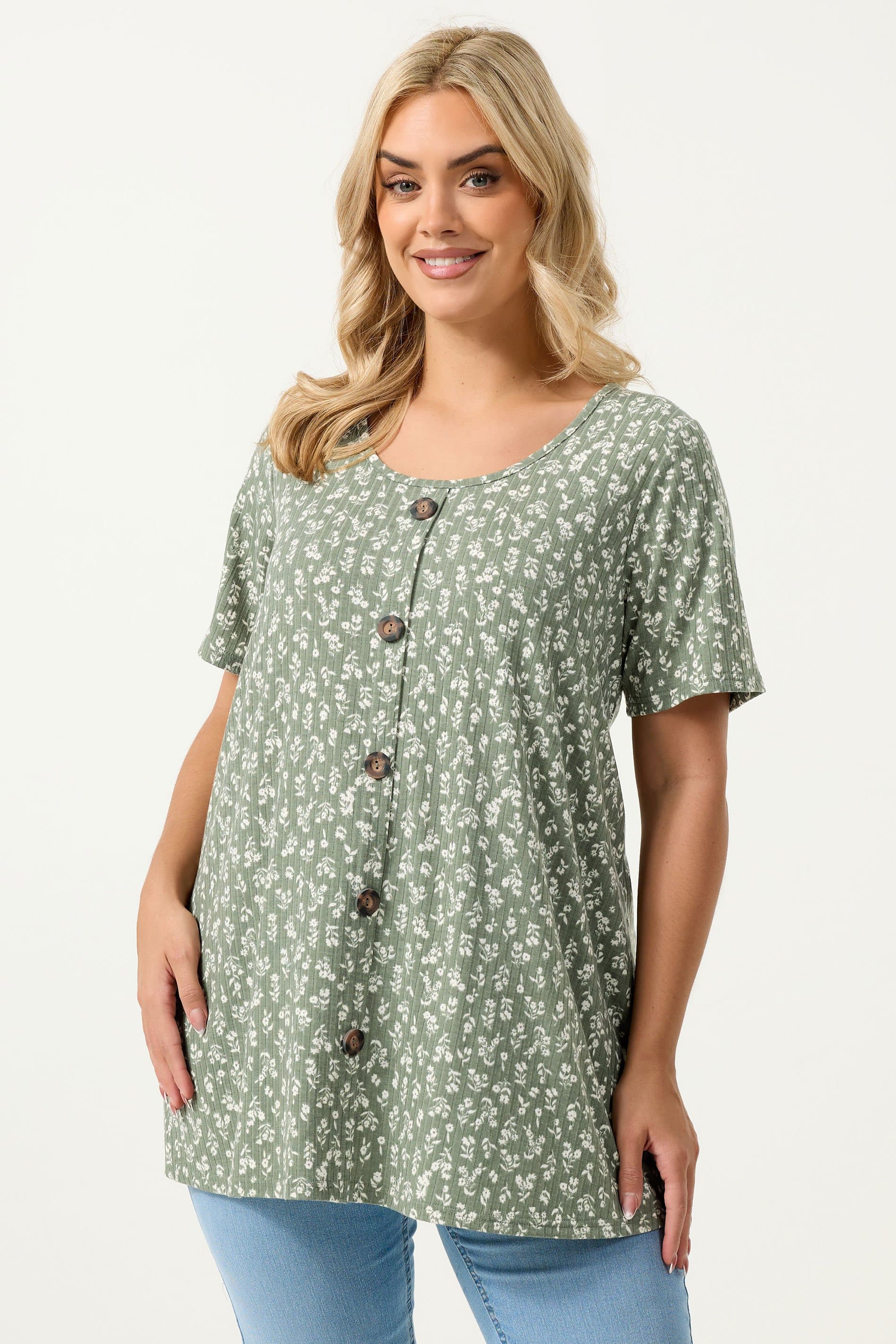 Yours Plus Size Sage Green Floral Ribbed Swing Top
