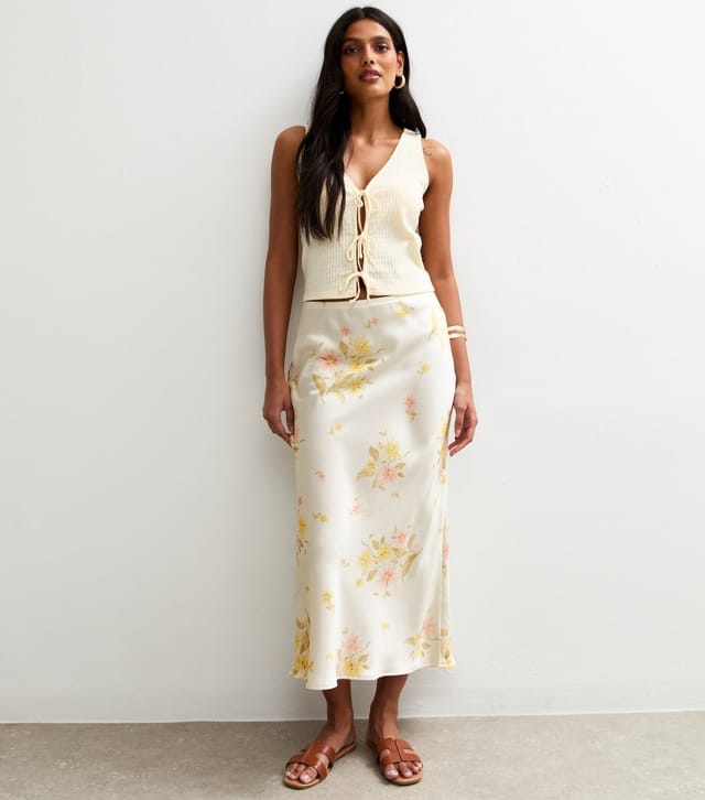 New Look Women's White Daisy Print Satin Midi Skirt New Look - 3