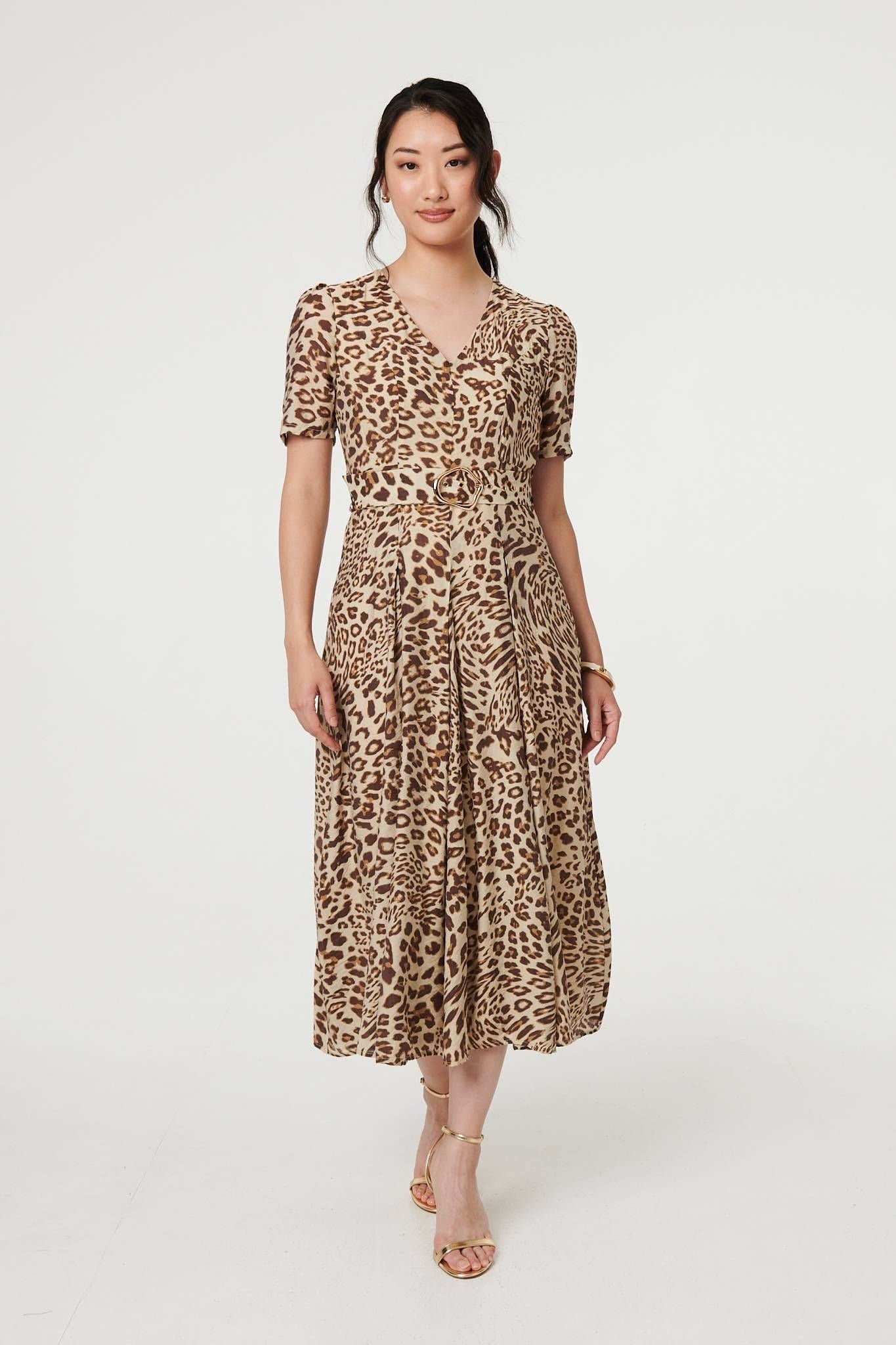 Izabel London Izabel London Women's Animal Print Belt Detail Midi Dress in Brown