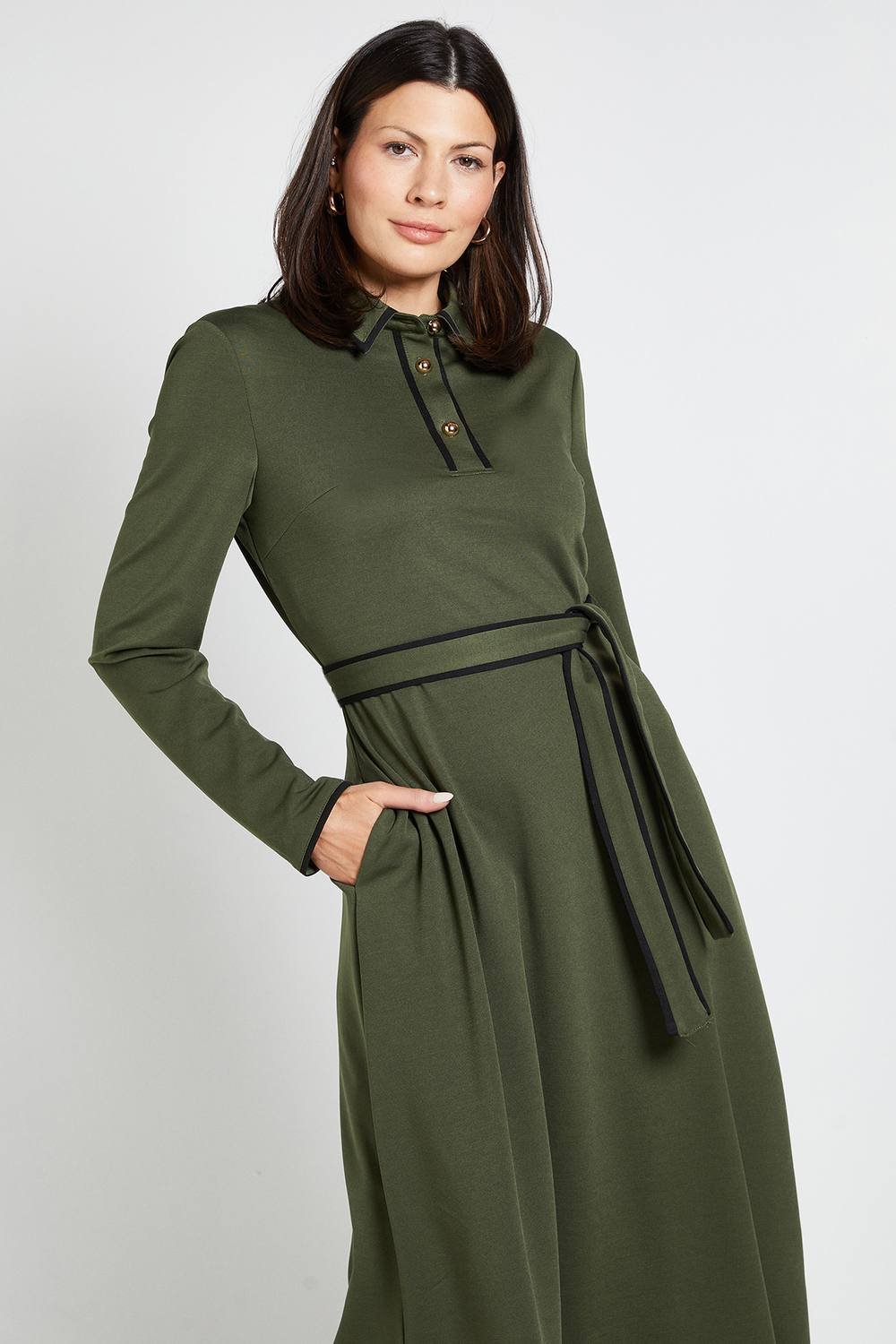 Wallis Wallis Women's Ponte Collar Contrast Midi Dress in Khaki - 2