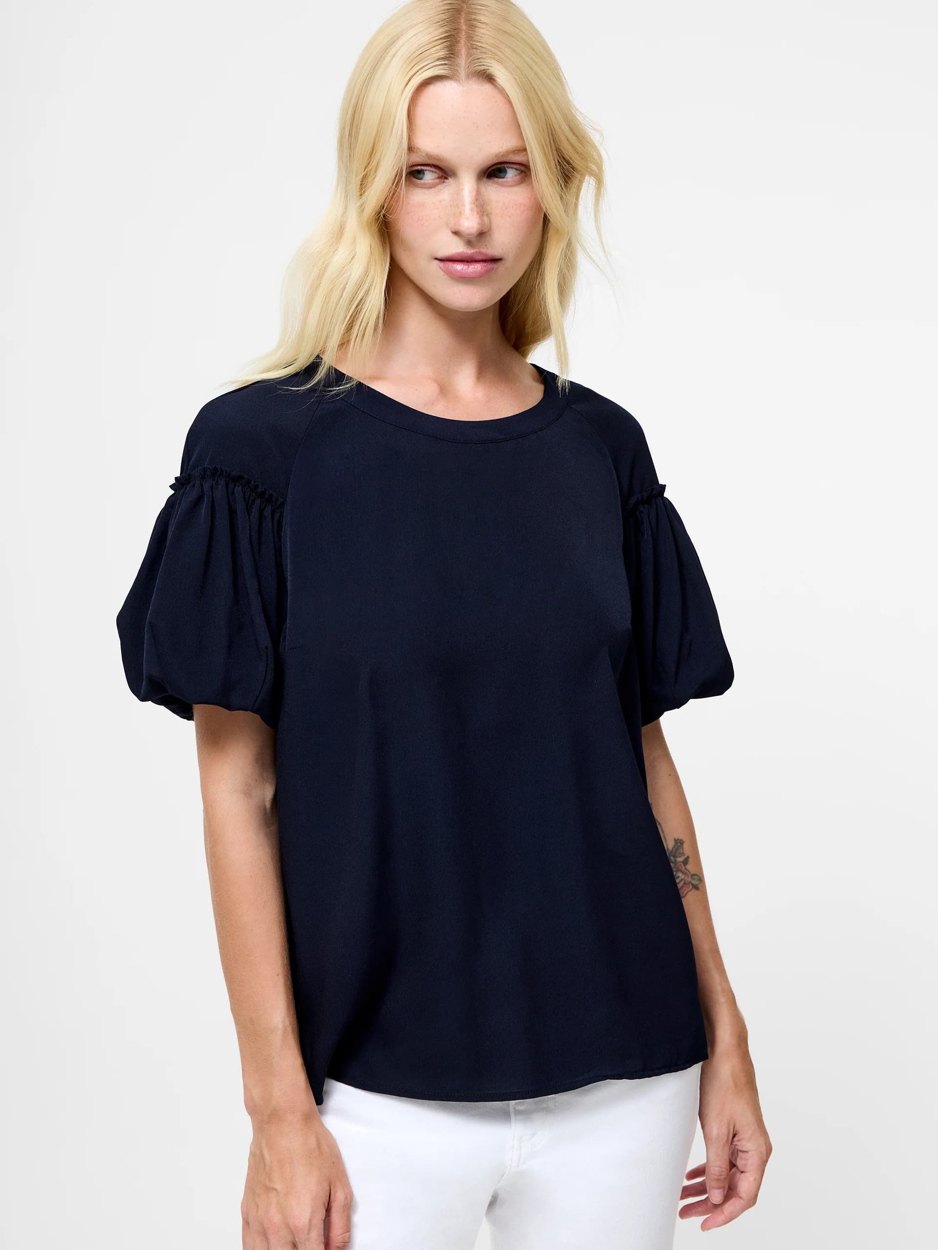 French Connection Crepe Light Puff Sleeve Top Utility Blue
