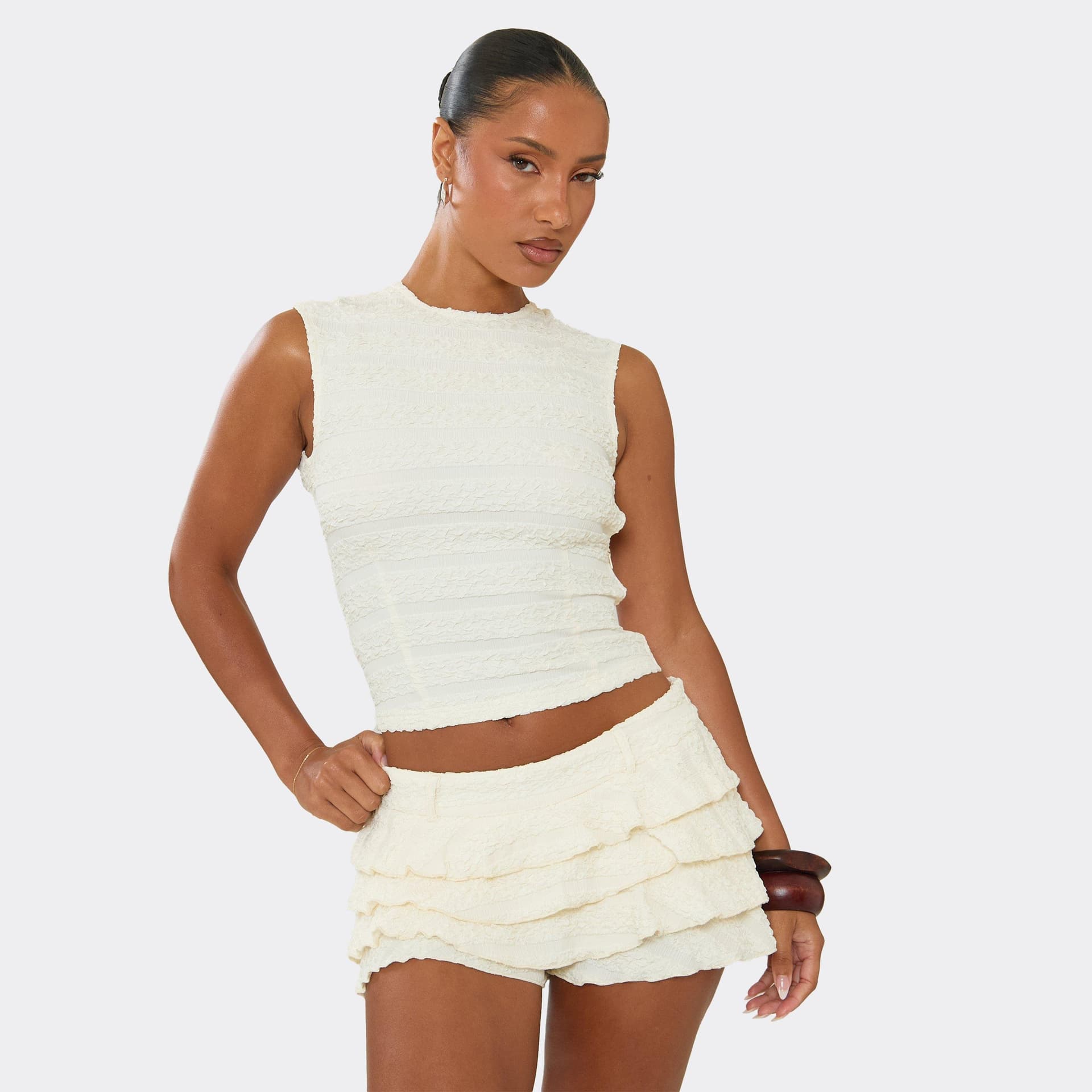 EGO EGO Cream Textured Sleeveless Open Back Top, Women's