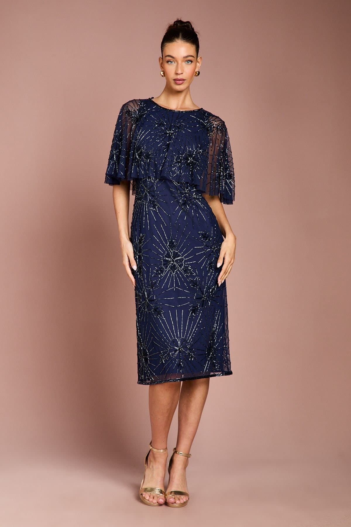 Coast Coast Women's Floral Embellished Cape Midi Dress in Navy