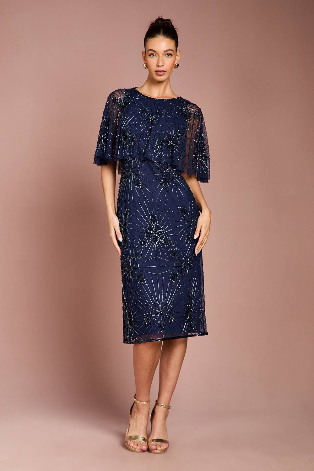 Coast Coast Women's Floral Embellished Cape Midi Dress in Navy - 2