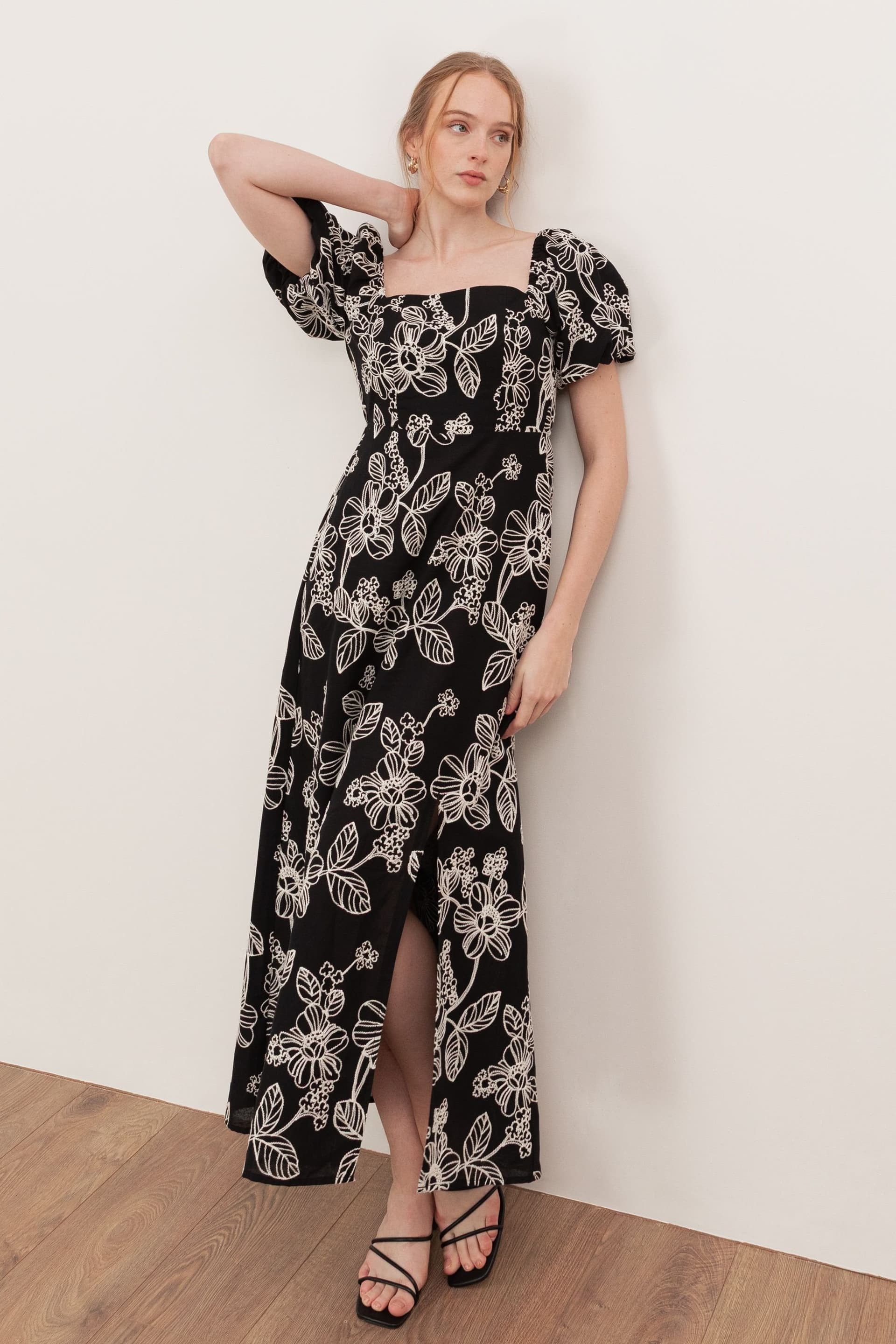 Lovedrobe Lovedrobe Women's Embroidered Short Sleeve Square Neck Midaxi Dress in Black