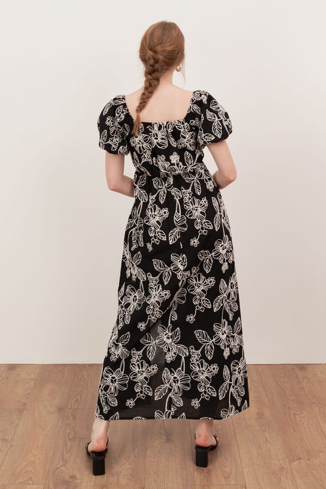 Lovedrobe Lovedrobe Women's Embroidered Short Sleeve Square Neck Midaxi Dress in Black - 2
