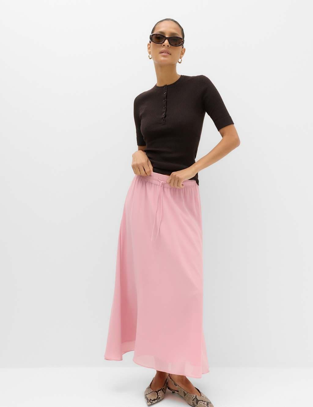 Marks & Spencer M&S Tie Waist Midi A-Line Skirt Dusted Pink