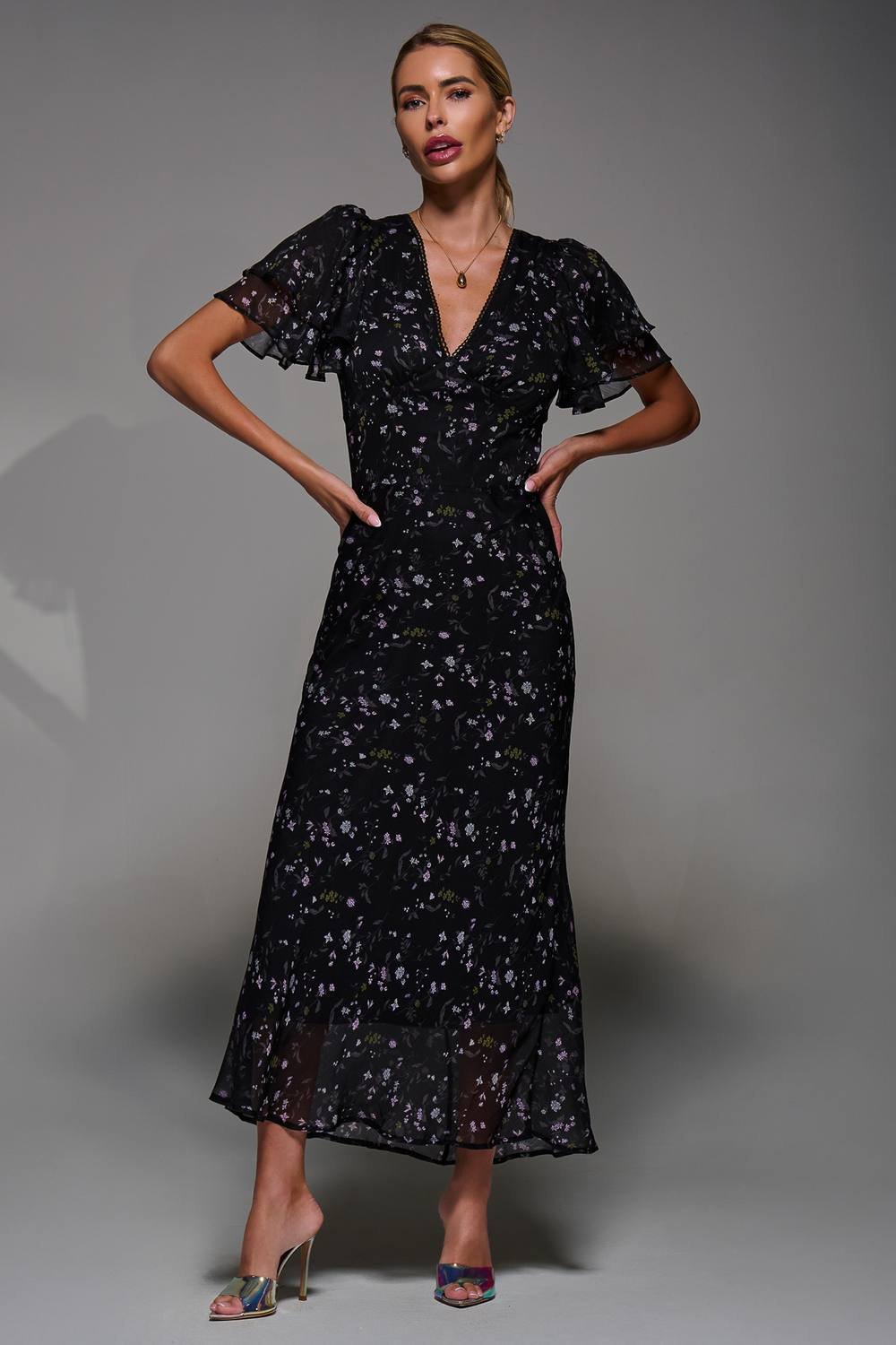 Jolie Moi Jolie Moi Women's V-Neck Frill Sleeve Chiffon Midaxi Dress in Black - 2