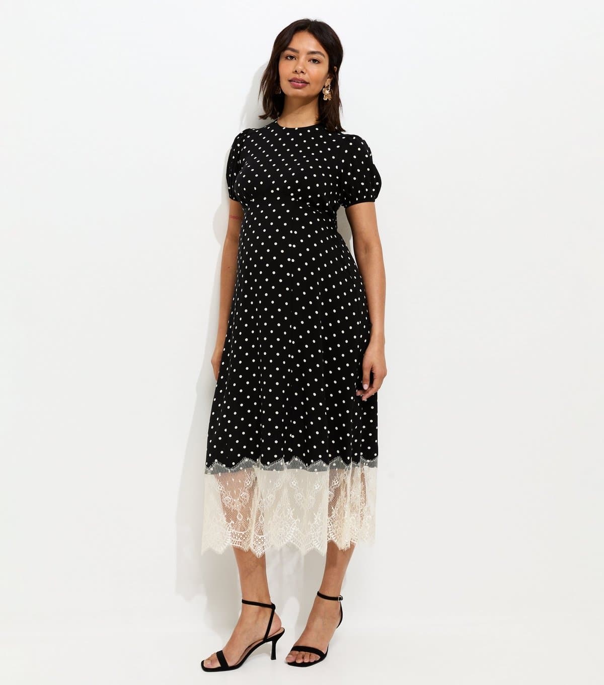 New Look Women's Maternity Black Polka Dot Lace Trim Midi Dress New Look