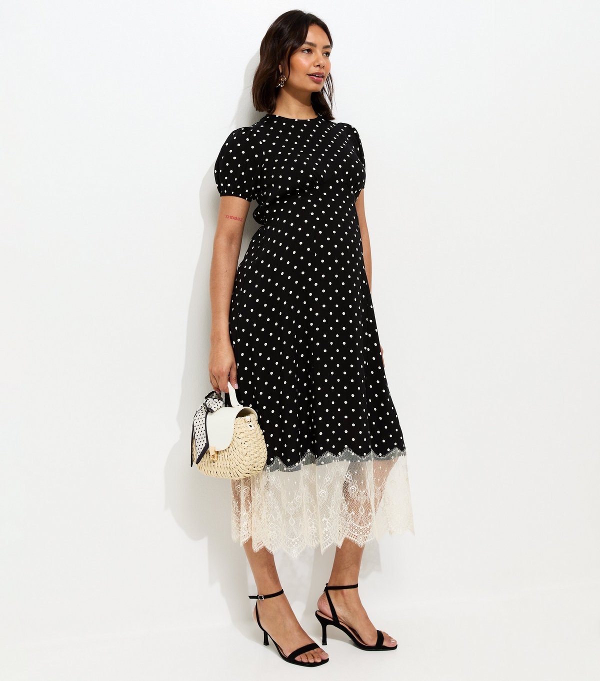 New Look Women's Maternity Black Polka Dot Lace Trim Midi Dress New Look - 3