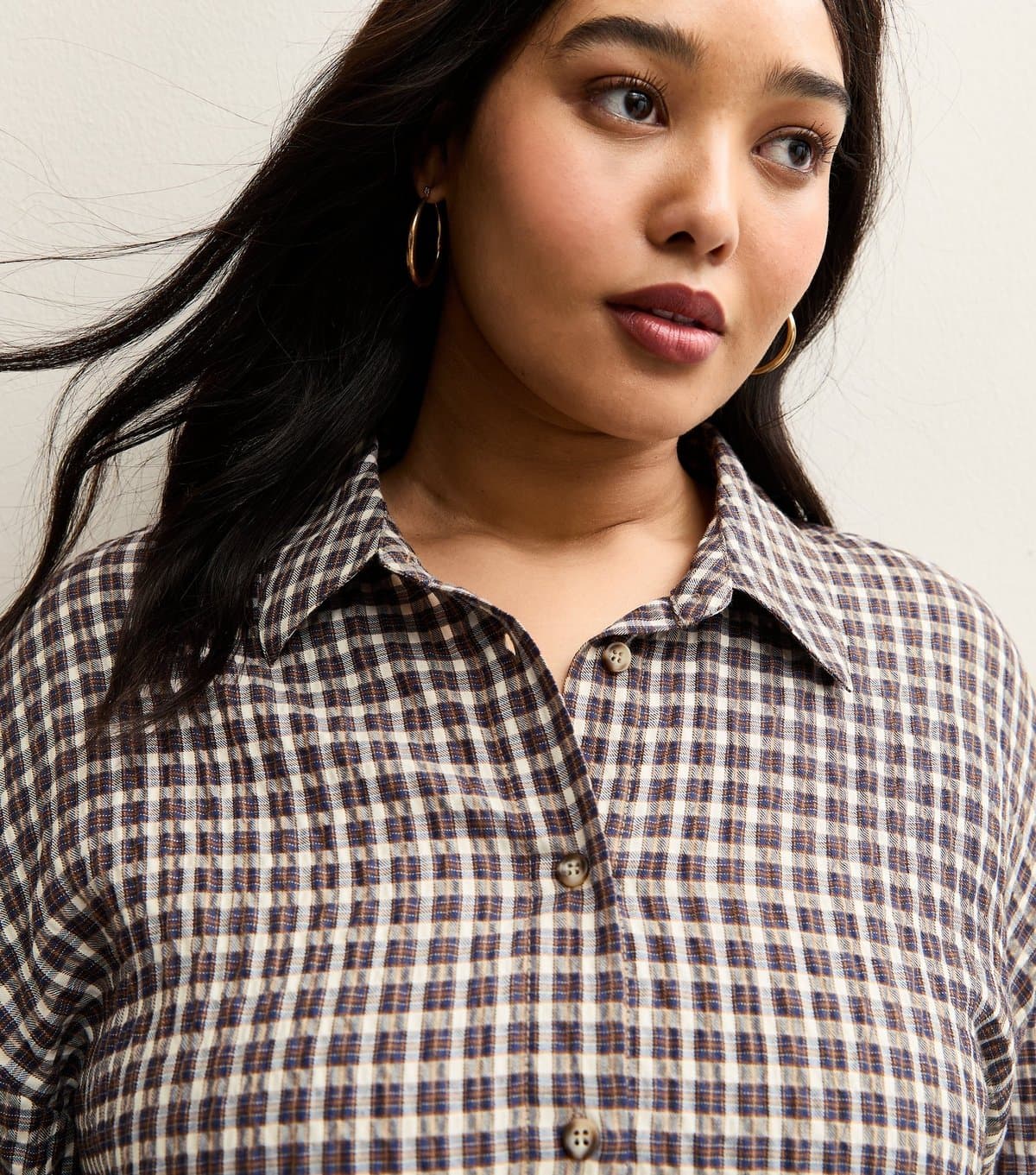 New Look Women's Plus Size Brown Crinkled Check Shirt Curves New Look