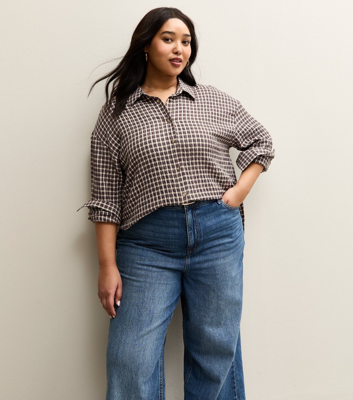 New Look Women's Plus Size Brown Crinkled Check Shirt Curves New Look - 2