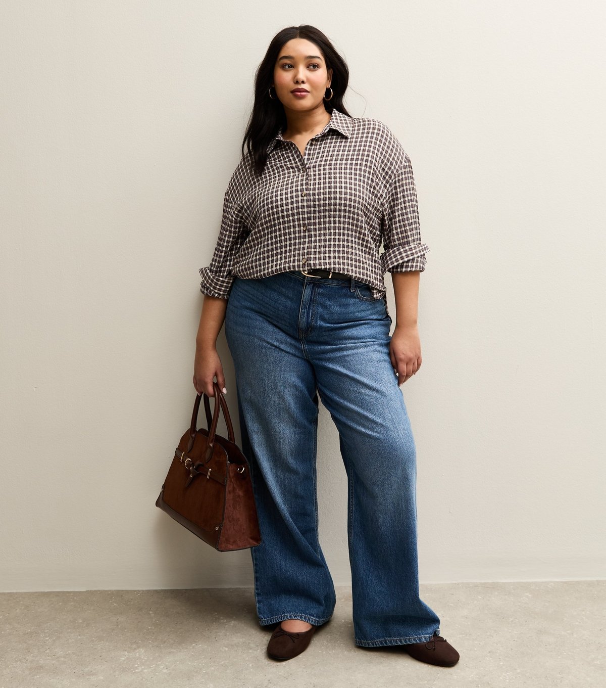 New Look Women's Plus Size Brown Crinkled Check Shirt Curves New Look - 3