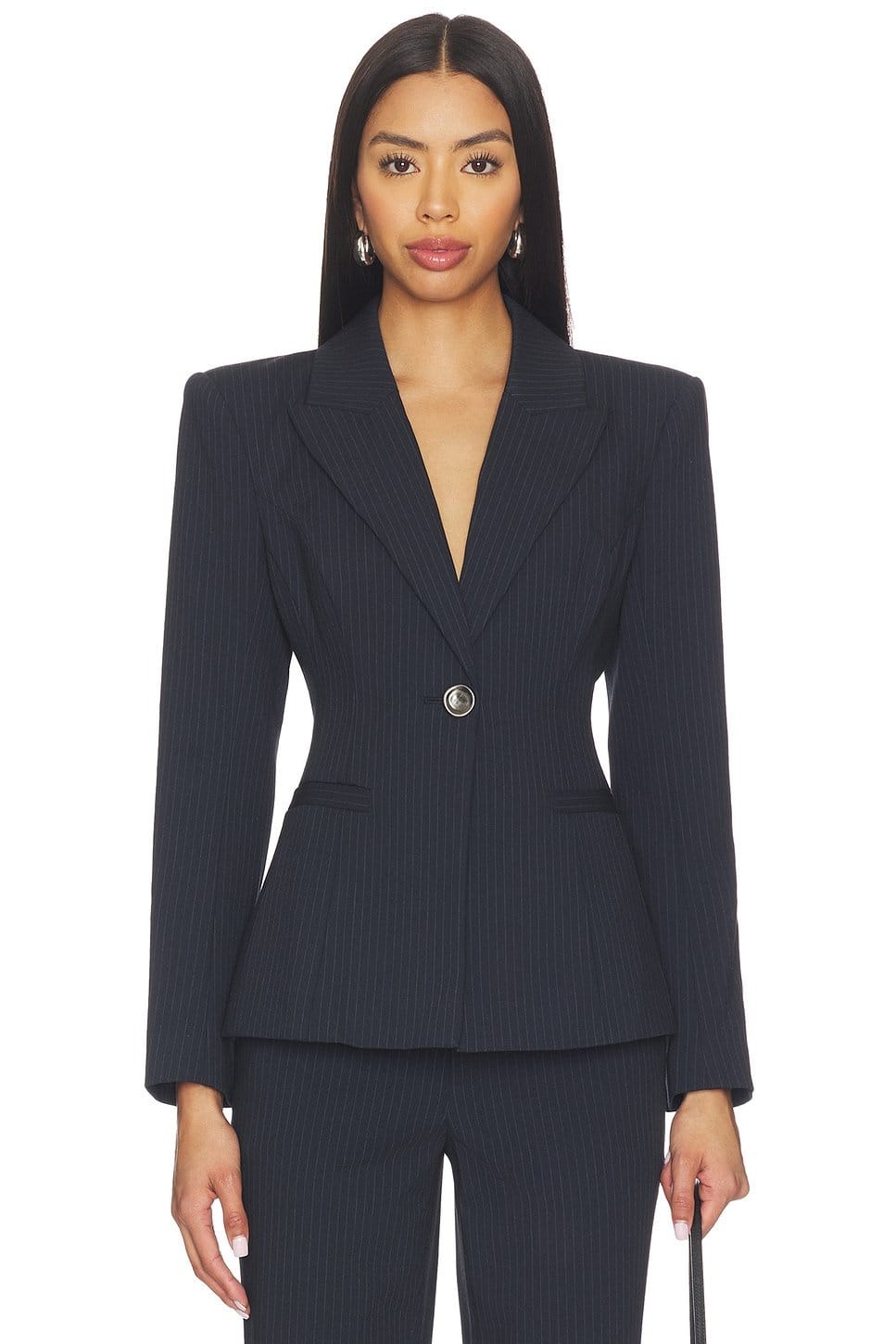 Revolve Midnight & Ivory Pinstripe Cinched Waist Blazer