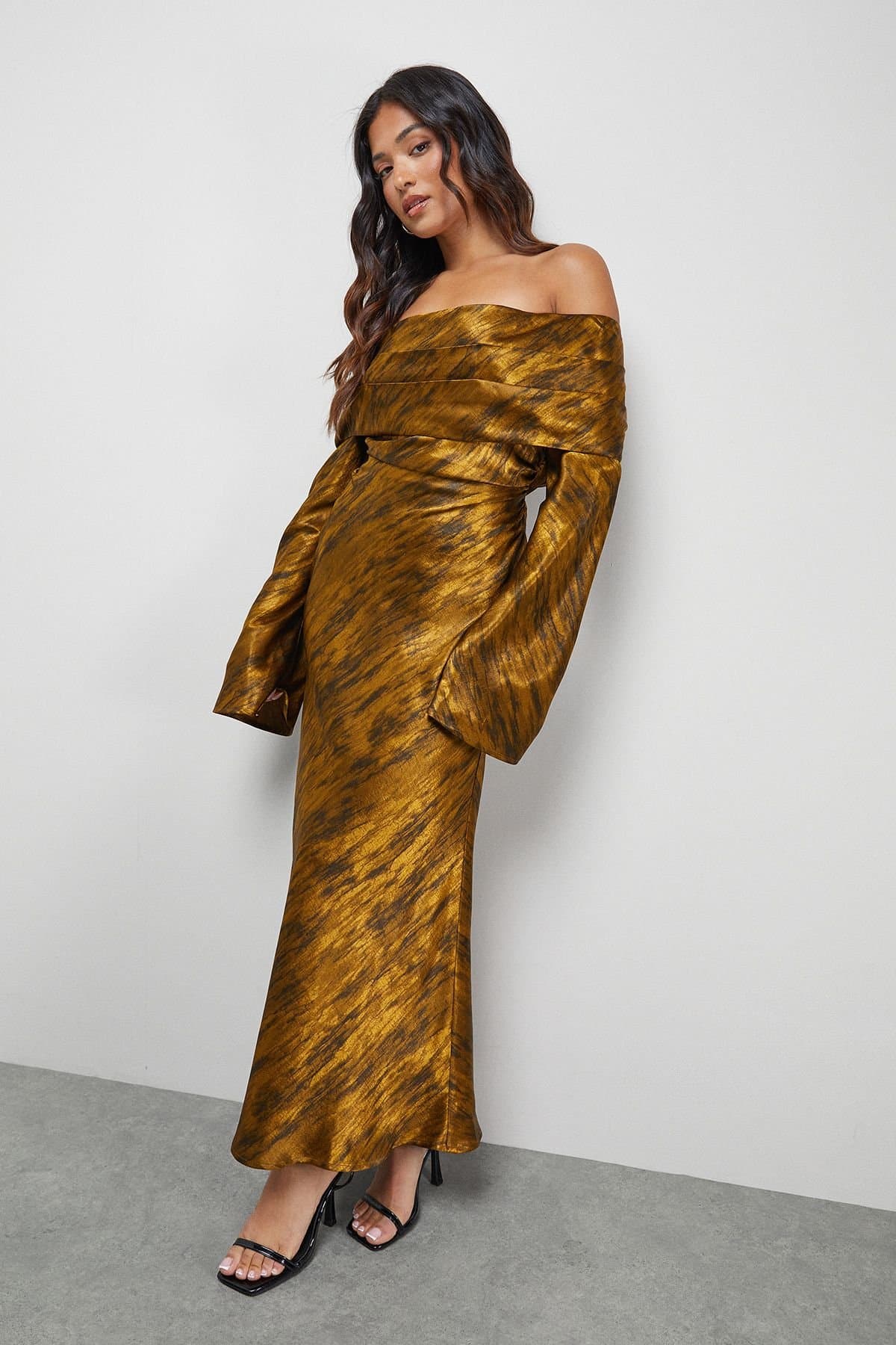 Warehouse Warehouse Women's Petite Shimmer Satin Foldover Bardot Bias Midi Dress in Chocolate