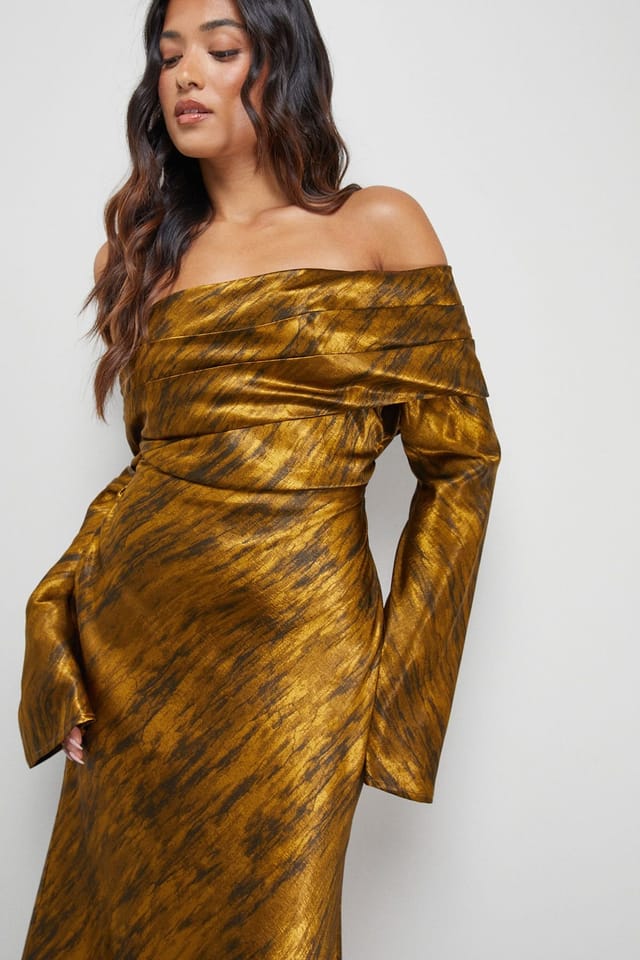 Warehouse Warehouse Women's Petite Shimmer Satin Foldover Bardot Bias Midi Dress in Chocolate - 2