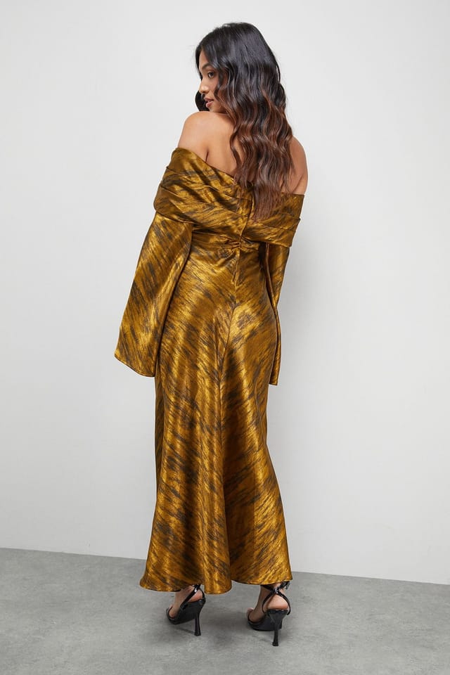 Warehouse Warehouse Women's Petite Shimmer Satin Foldover Bardot Bias Midi Dress in Chocolate - 3