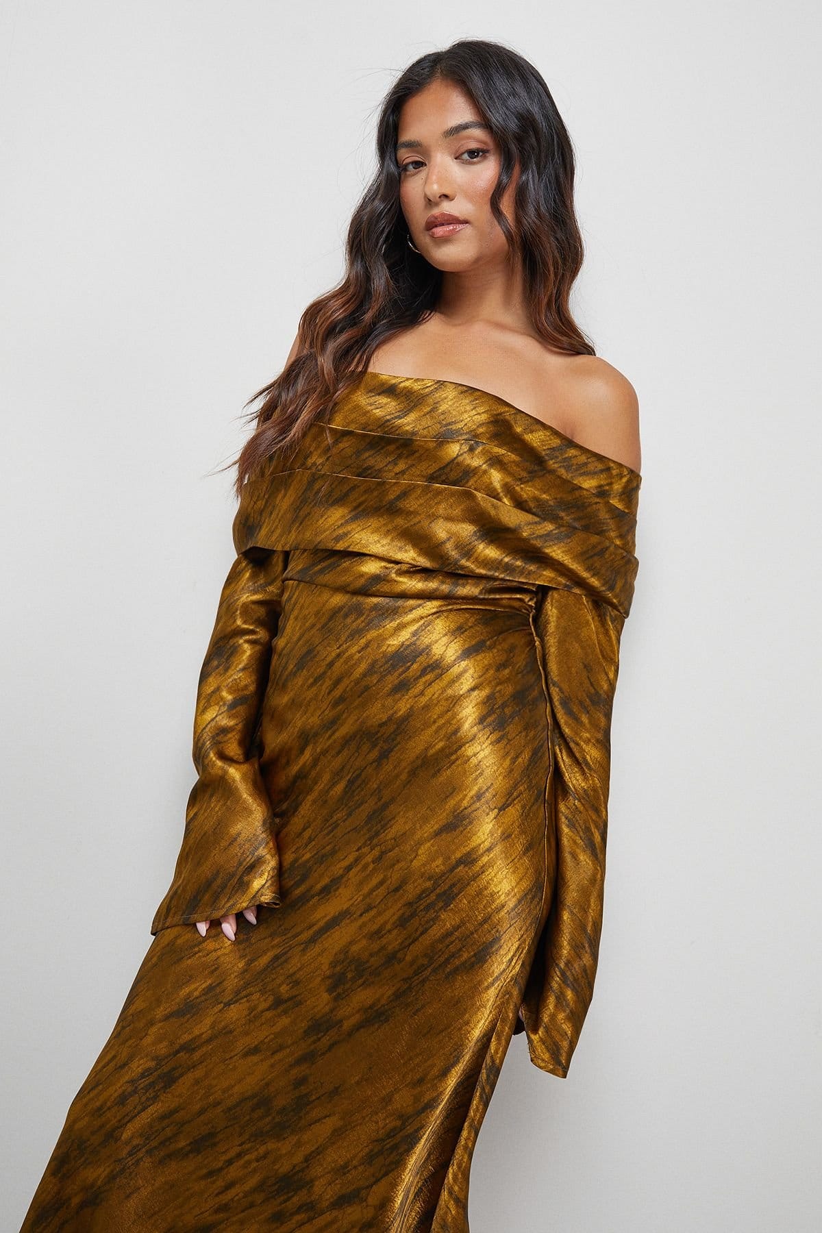 Warehouse Warehouse Women's Petite Shimmer Satin Foldover Bardot Bias Midi Dress in Chocolate - 4