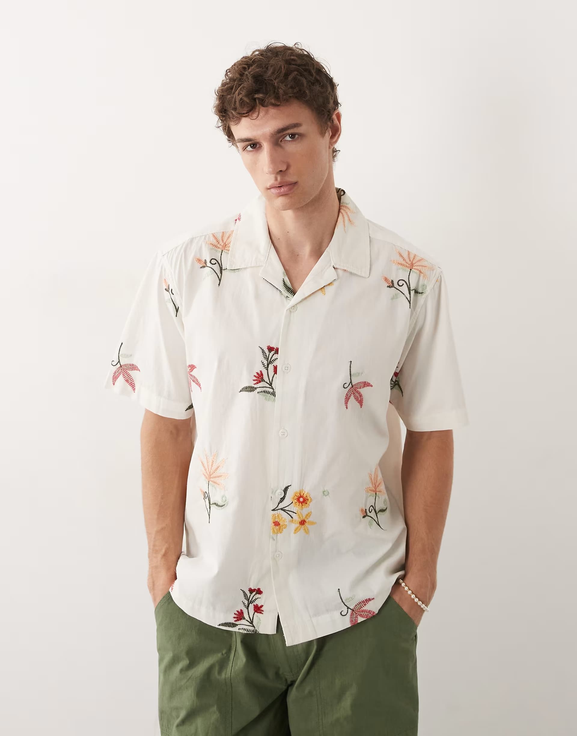 ASOS ONLY & SONS short sleeve shirt in white with floral embroidery
