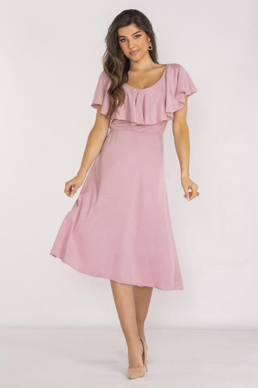 Love Lace Love Lace Women's Elegant Ruffle Neck Midi Dress with Waistband in Pink - 1