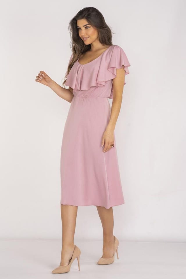 Love Lace Love Lace Women's Elegant Ruffle Neck Midi Dress with Waistband in Pink - 2