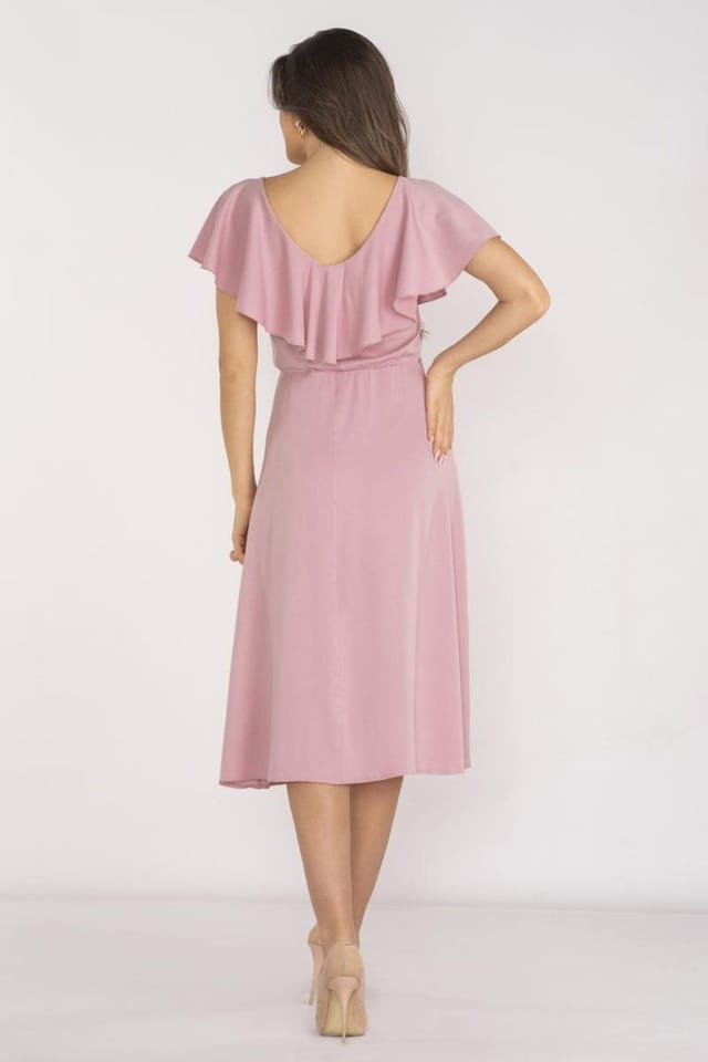 Love Lace Love Lace Women's Elegant Ruffle Neck Midi Dress with Waistband in Pink - 3