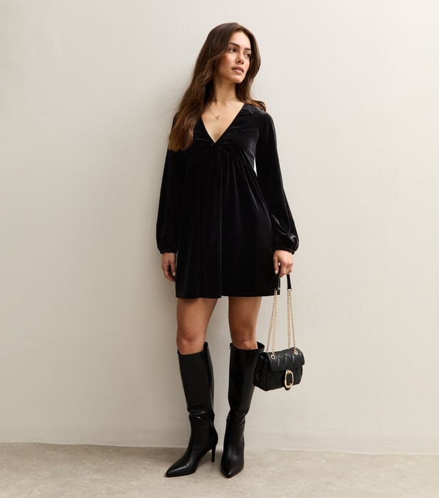 New Look Women's Petite Black Velvet Smock Mini Dress New Look - 3