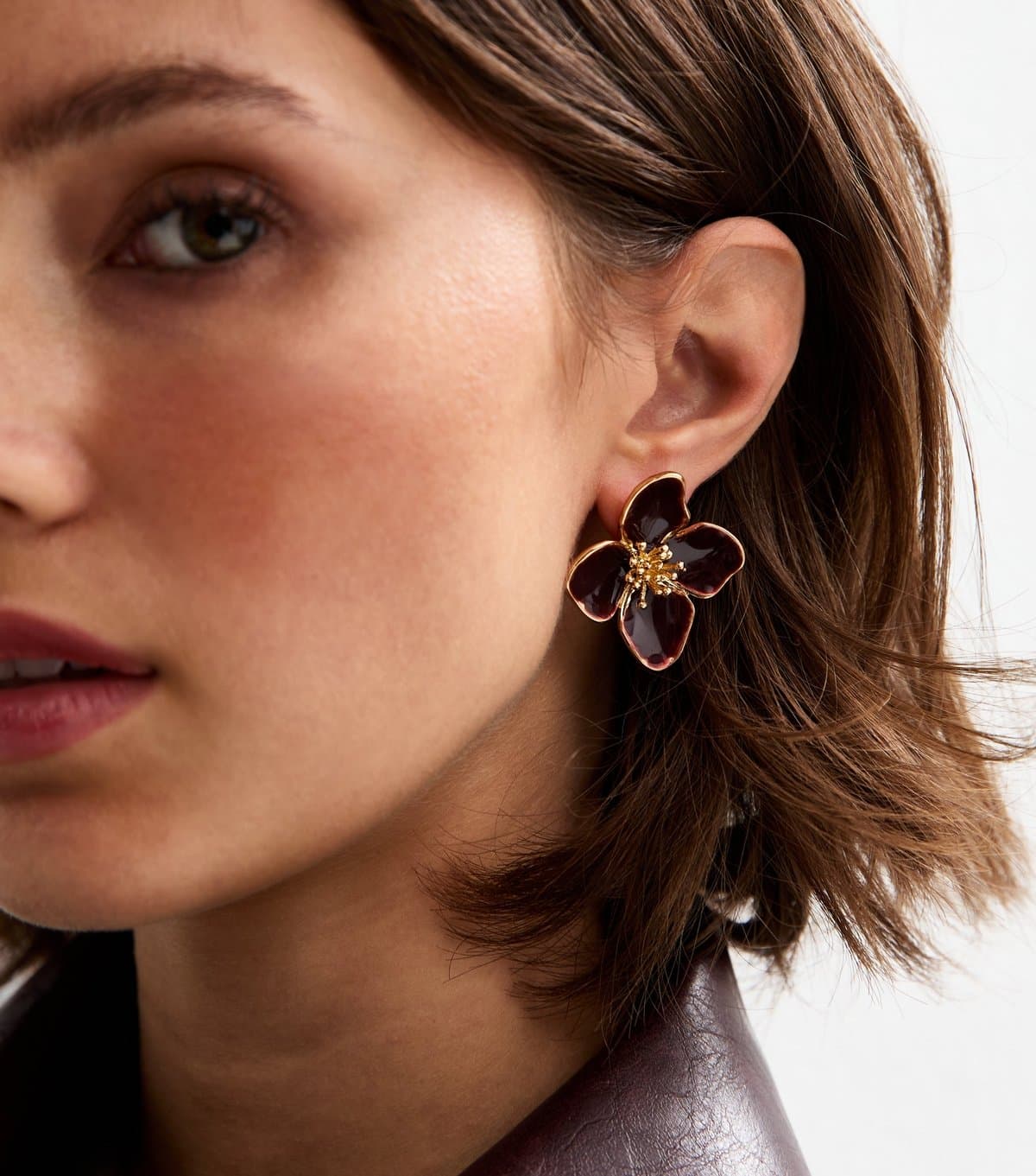 New Look Gold Tone Burgundy Enamel Flower Stud Earrings New Look