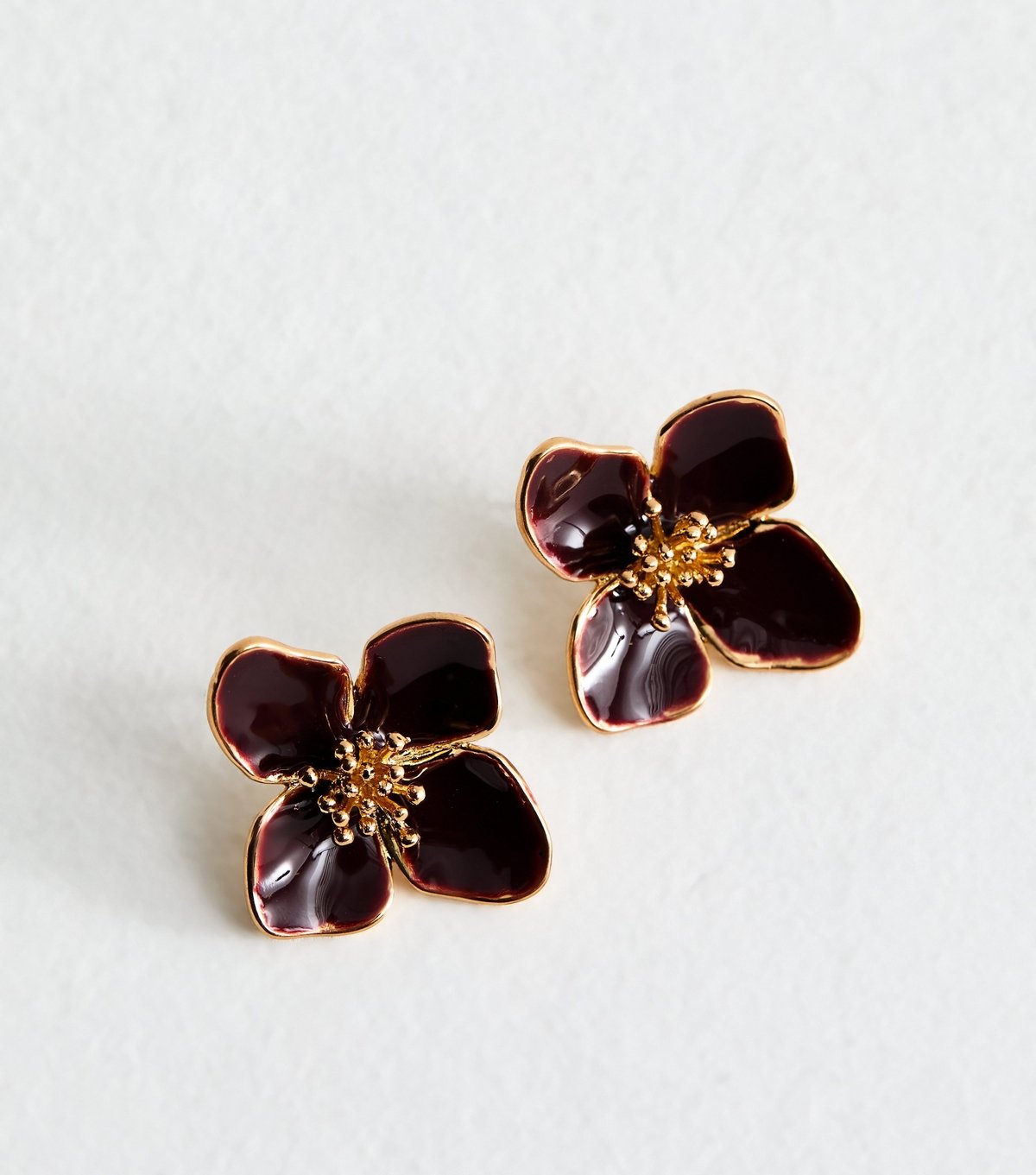 New Look Gold Tone Burgundy Enamel Flower Stud Earrings New Look - 3
