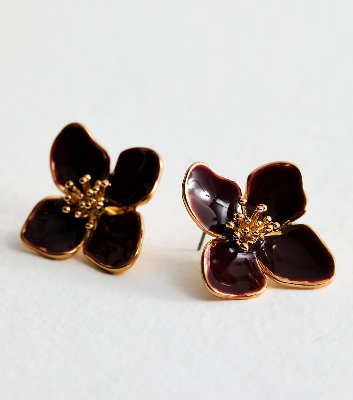 New Look Gold Tone Burgundy Enamel Flower Stud Earrings New Look - 4