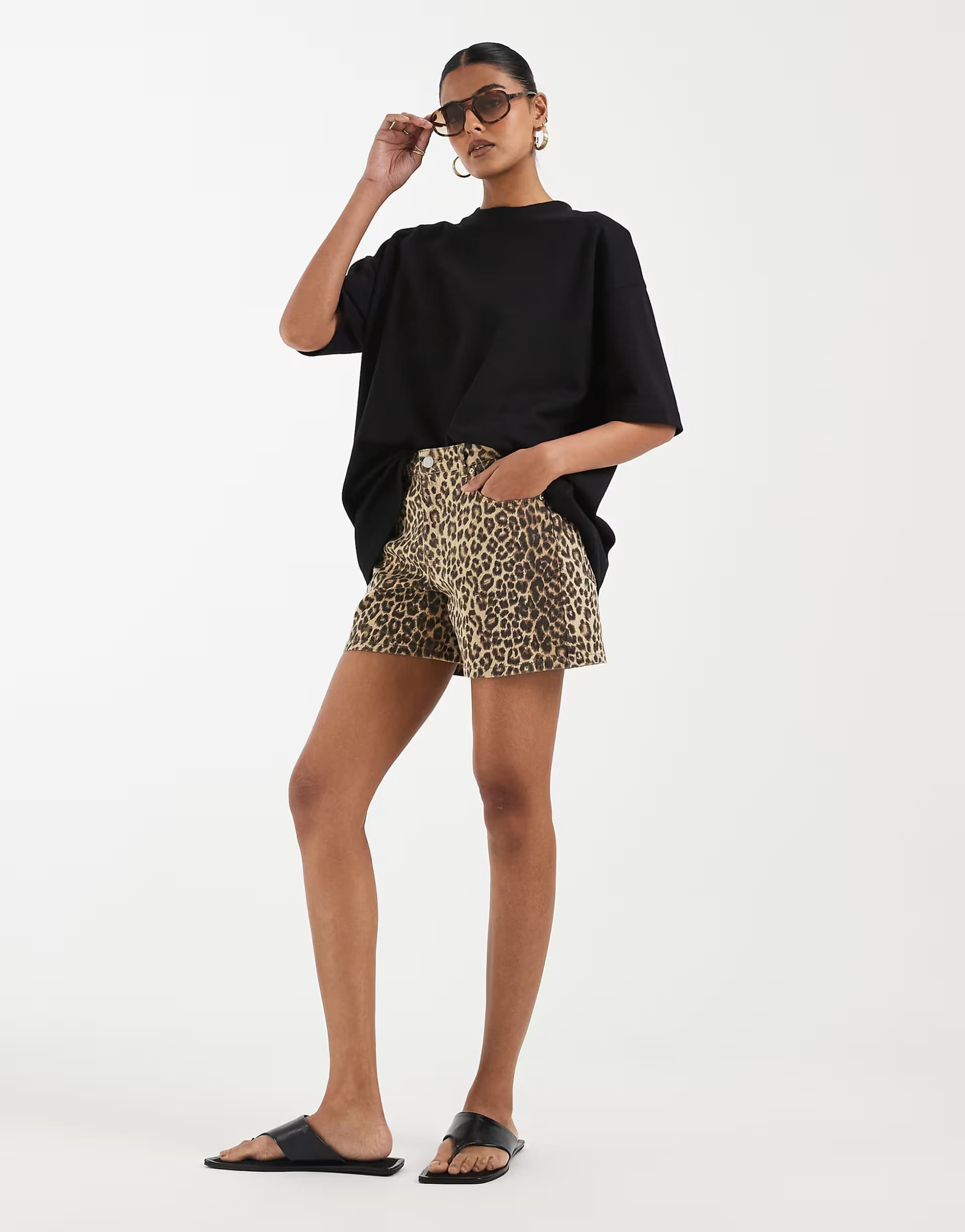 ASOS Vero Moda Tessa mid rise loose fit denim shorts in natural leopard print
