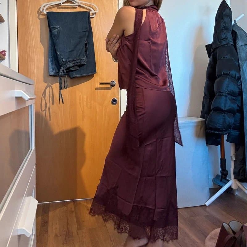 Never Fully Dressed Never Fully Dressed Burgundy Silk Midi Skirt with Lace Details