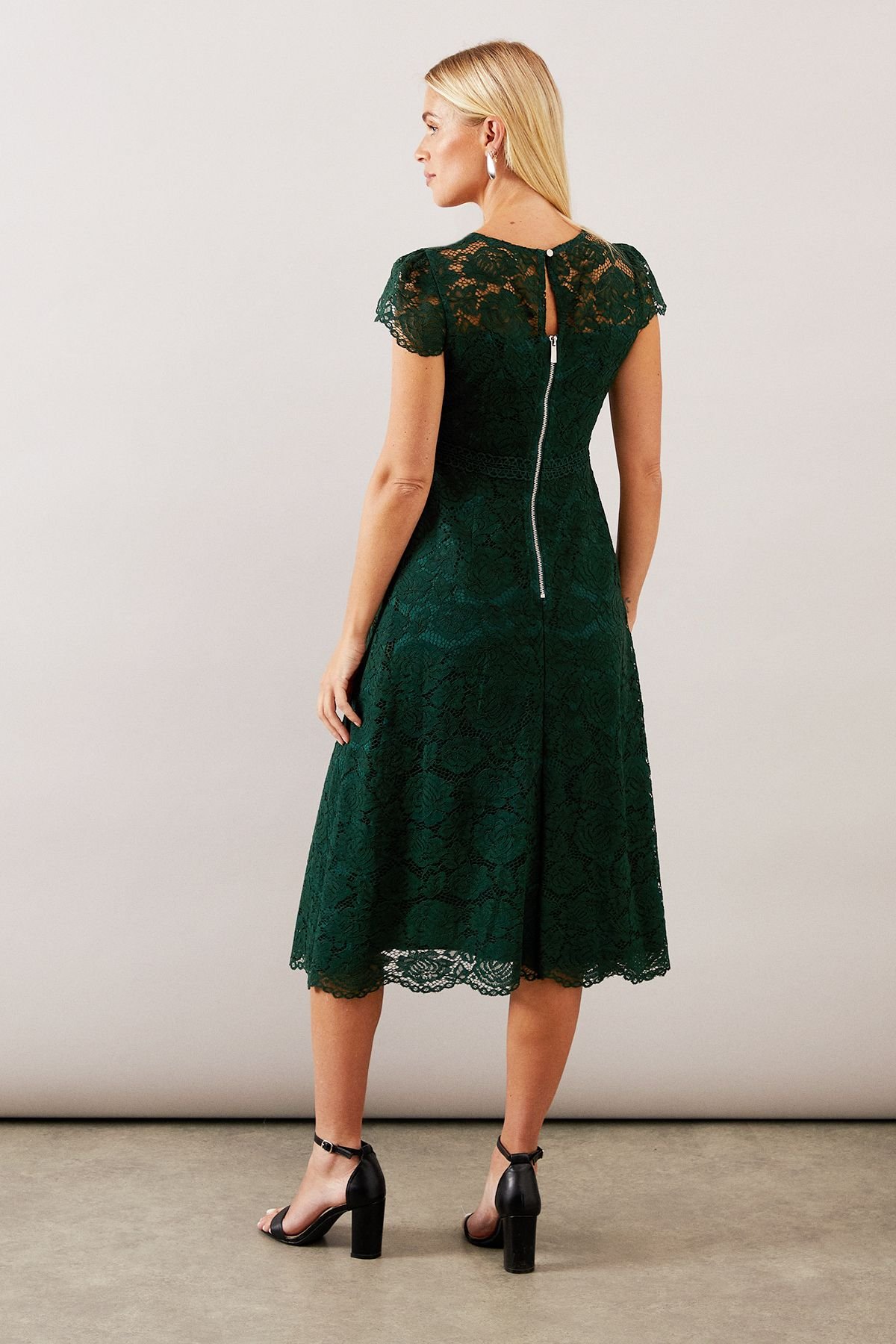 Wallis Wallis Women's Petite Lace Fit & Flare Dress in Forest - 3