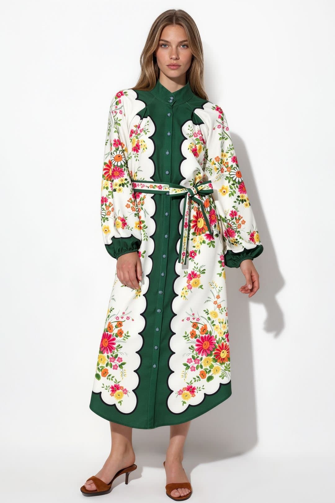 MSN Collection MSN Collection Women's Floral Belted Midi Shirt Dress