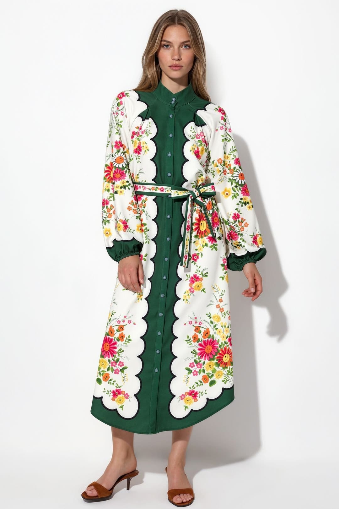 MSN Collection MSN Collection Women's Floral Belted Midi Shirt Dress - 1