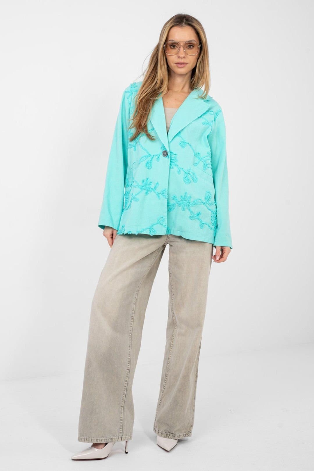 Love Lace Love Lace Women's Floral Embroidered Denim Cotton Blazer in Turquoise