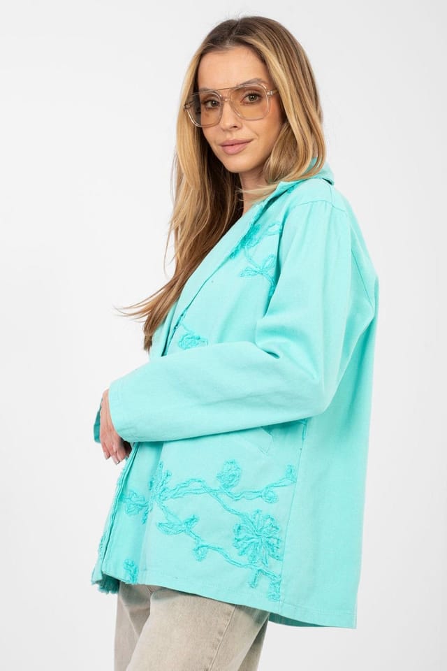 Love Lace Love Lace Women's Floral Embroidered Denim Cotton Blazer in Turquoise - 2