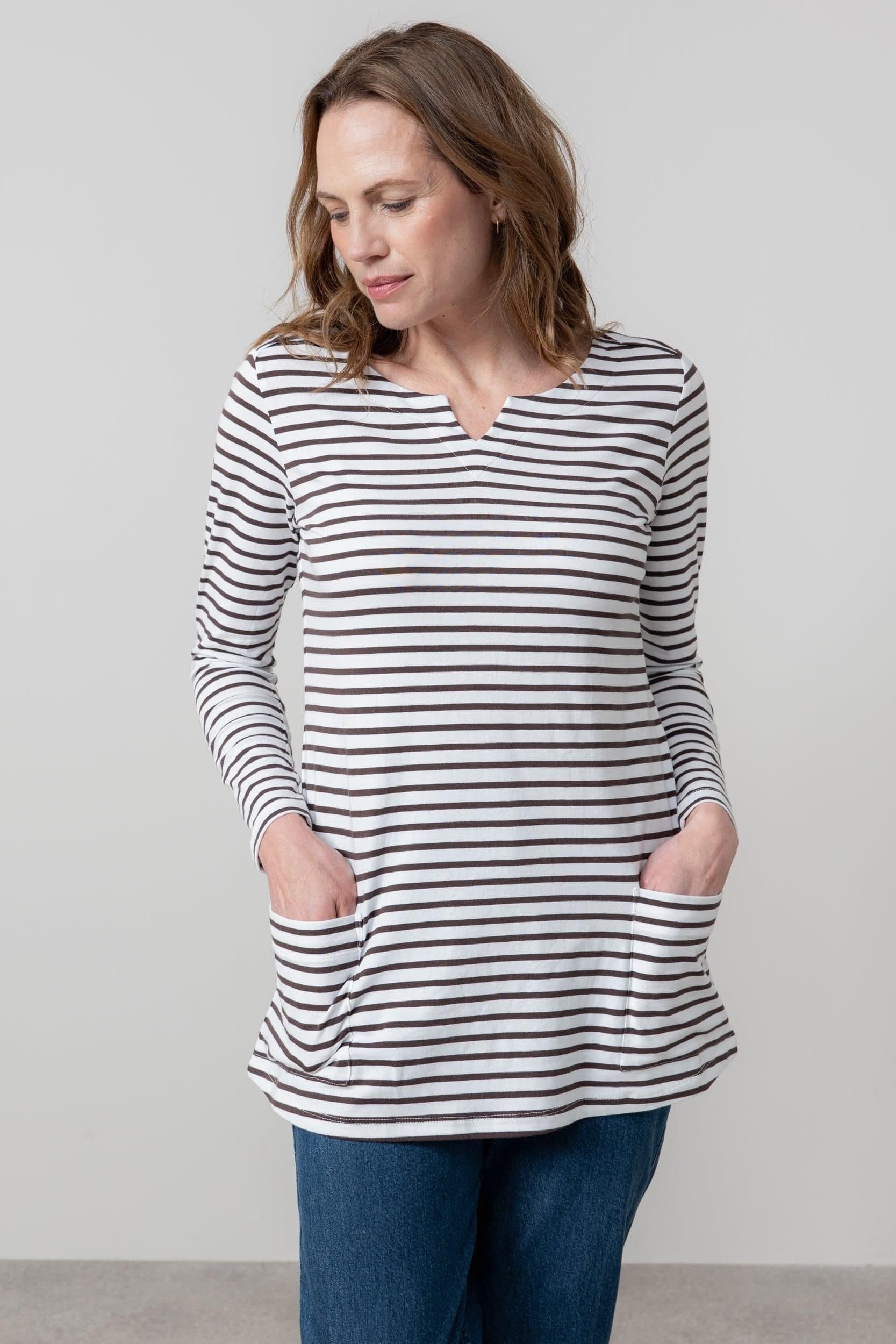 Lily & Me Lily & Me Chocolate Stripe Jersey Tunic with Notch Neckline