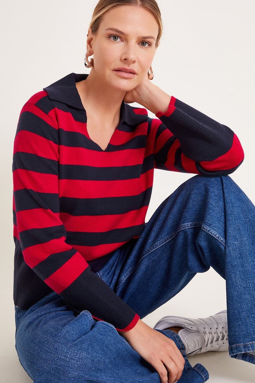 Monsoon Monsoon Women's Shay Stripe Collared Jumper Red