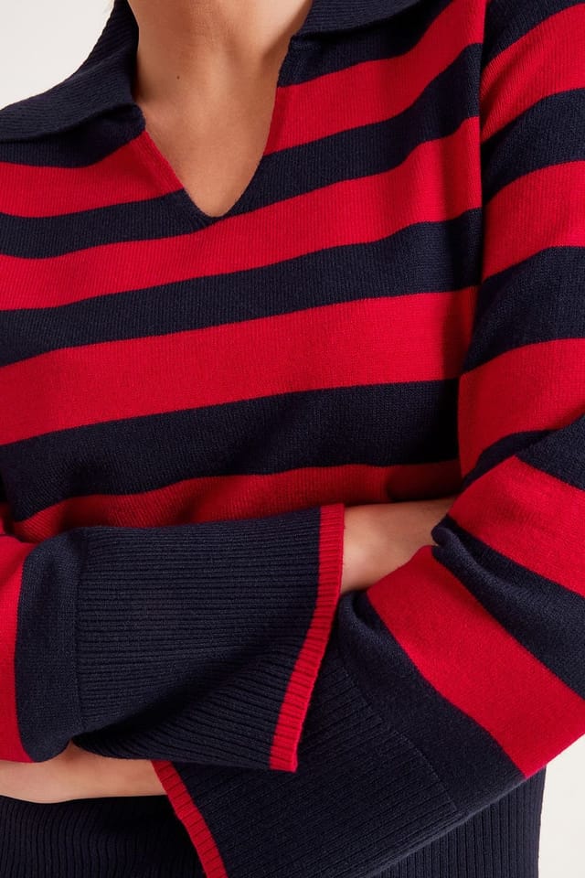 Monsoon Monsoon Women's Shay Stripe Collared Jumper Red - 2