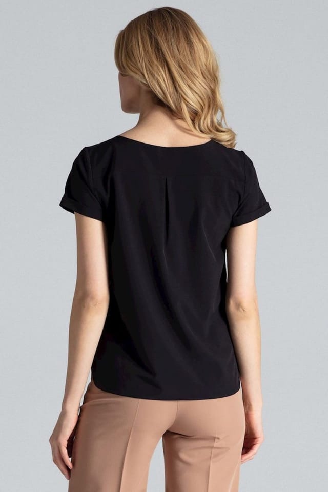 Love Lace Love Lace Women's Heart Neck Short Sleeve Blouse with Pleats in Black - 3