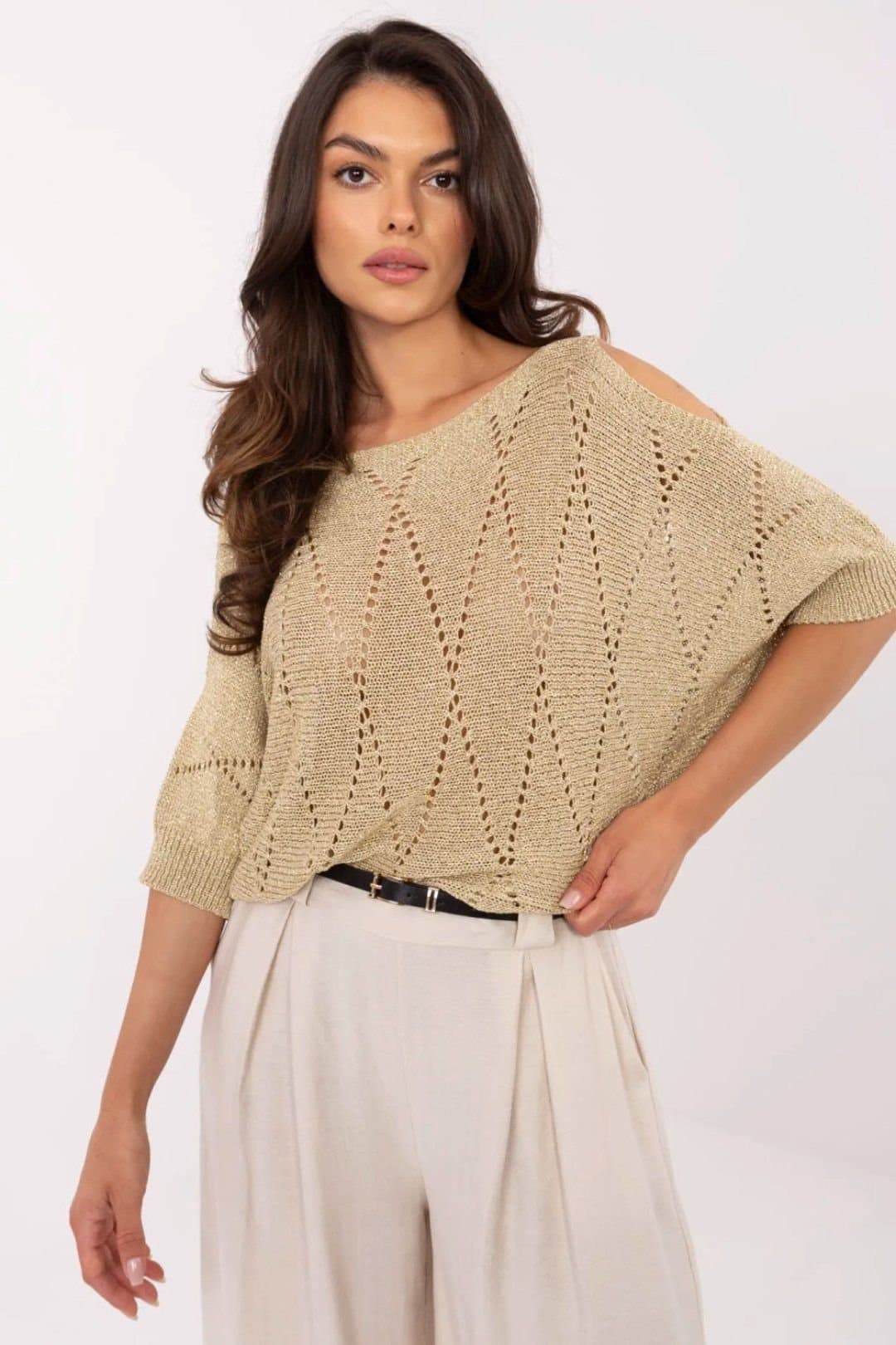 Love Lace Love Lace Women's Openwork Viscose Sweater with Metallic Thread in Gold