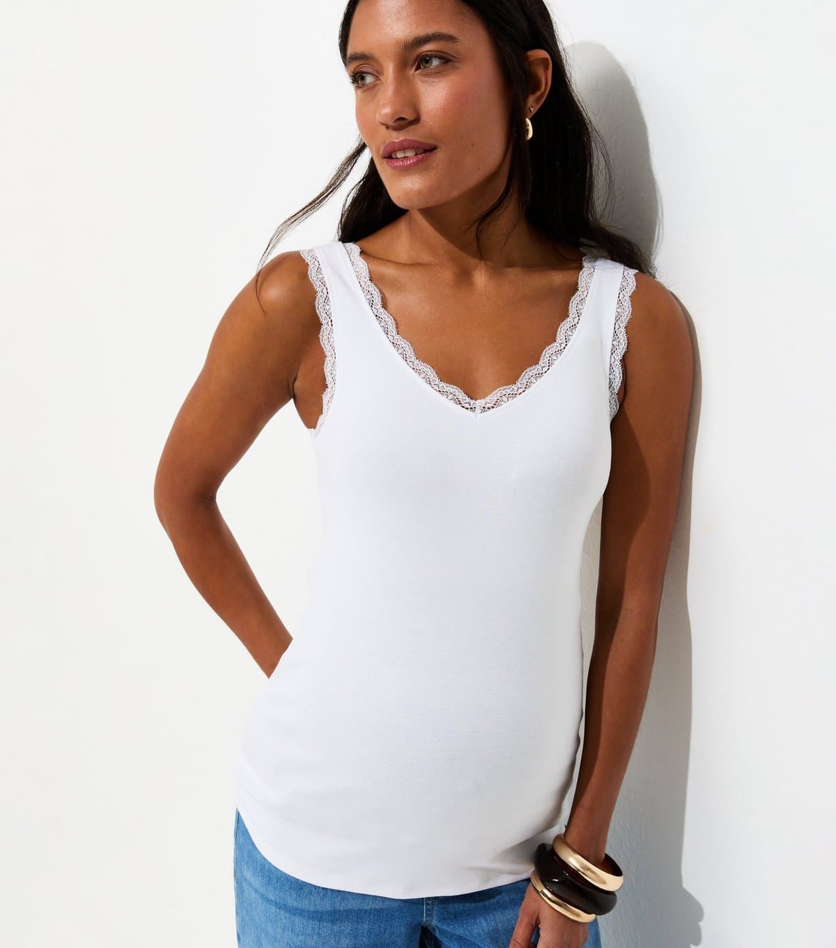 New Look Women's Maternity White Lace Trim Vest Top New Look