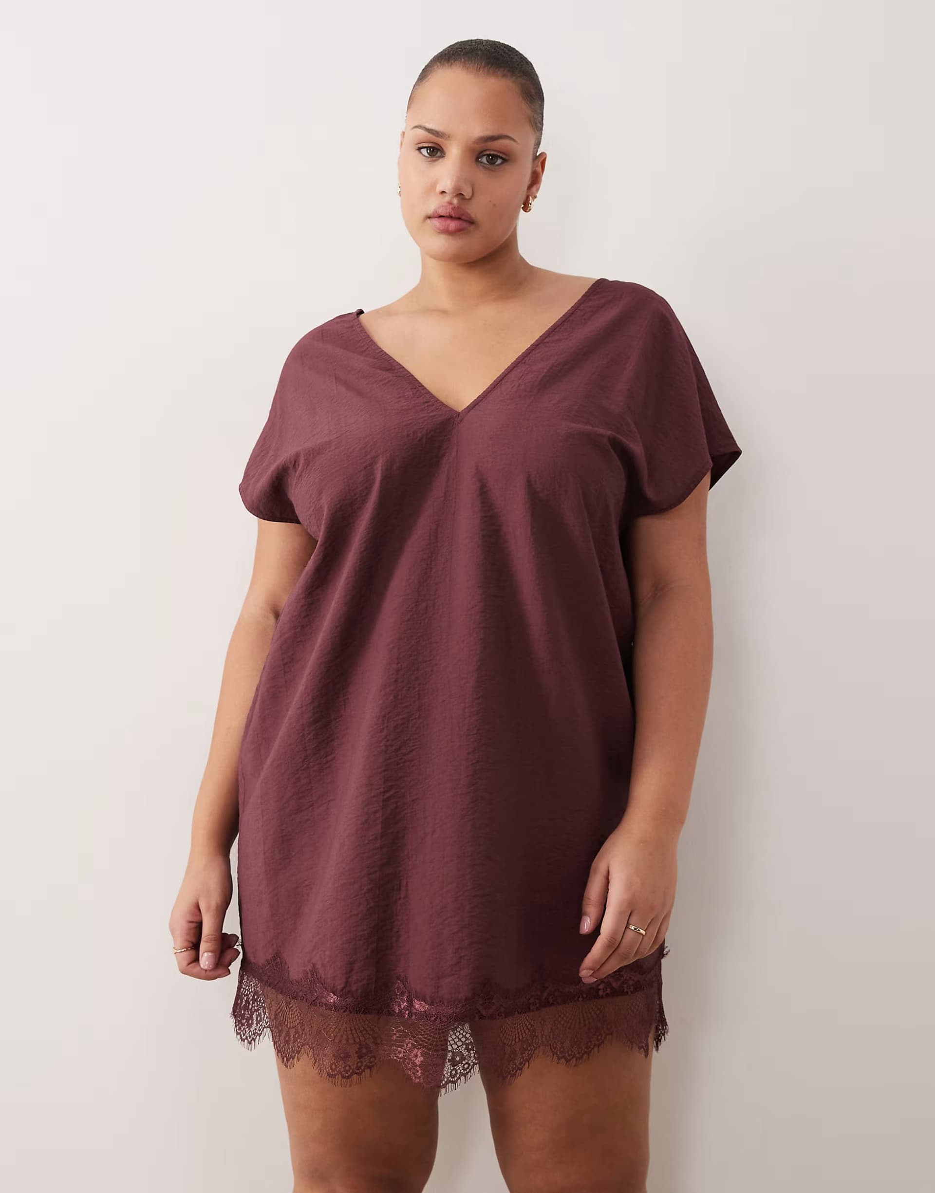 ASOS ASOS DESIGN Curve v neck shift lace crinkle satin mini dress in chocolate