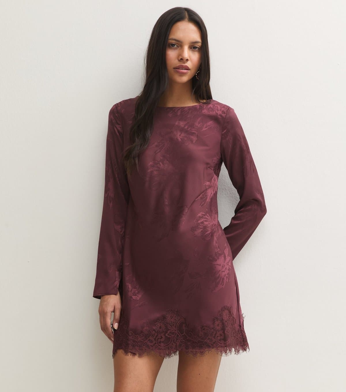 New Look Women's Dark Burgundy Satin Jacquard Lace Trim Long Sleeve Mini Dress New Look