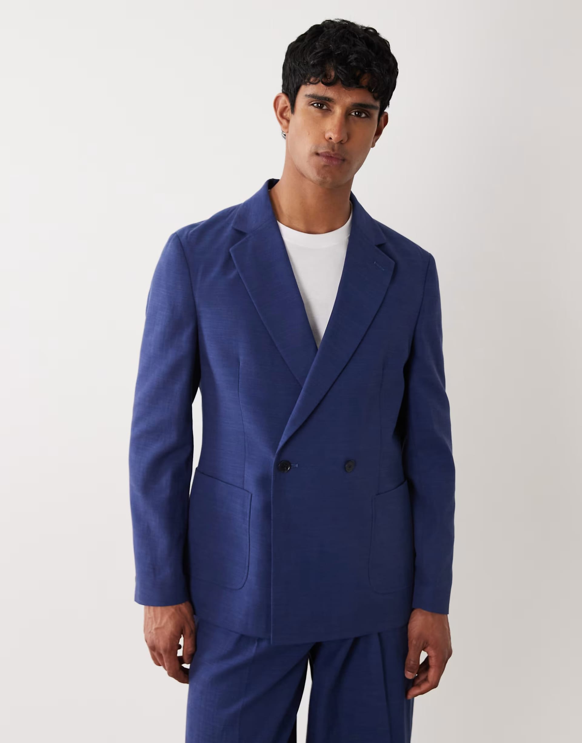 ASOS DESIGN Navy Slub Texture Double Breasted Suit Jacket