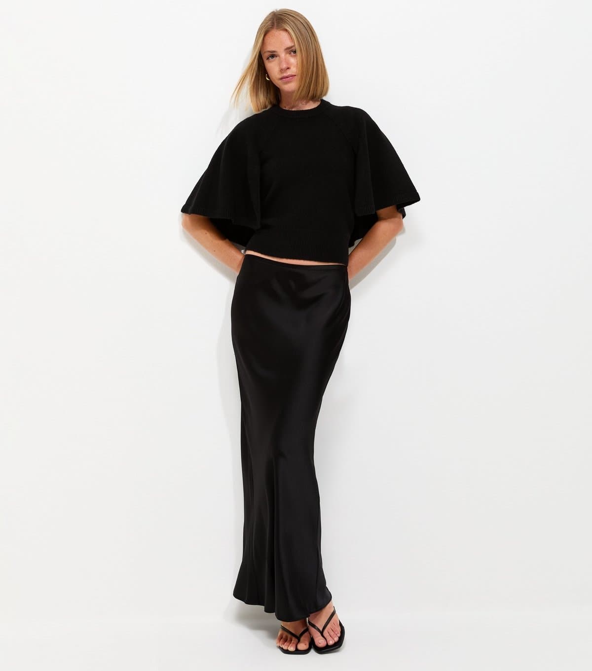 New Look Women's Black Satin Bias Cut Midi Skirt New Look