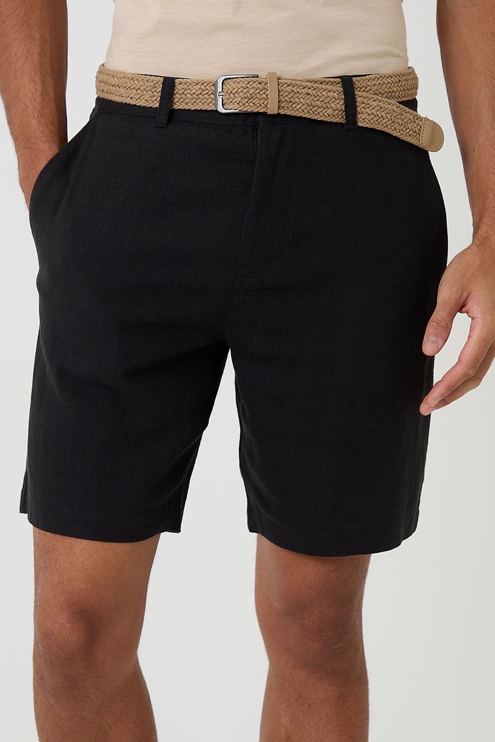 Threadbare Threadbare Men's Linen Blend Shorts with Belt in Black - 4