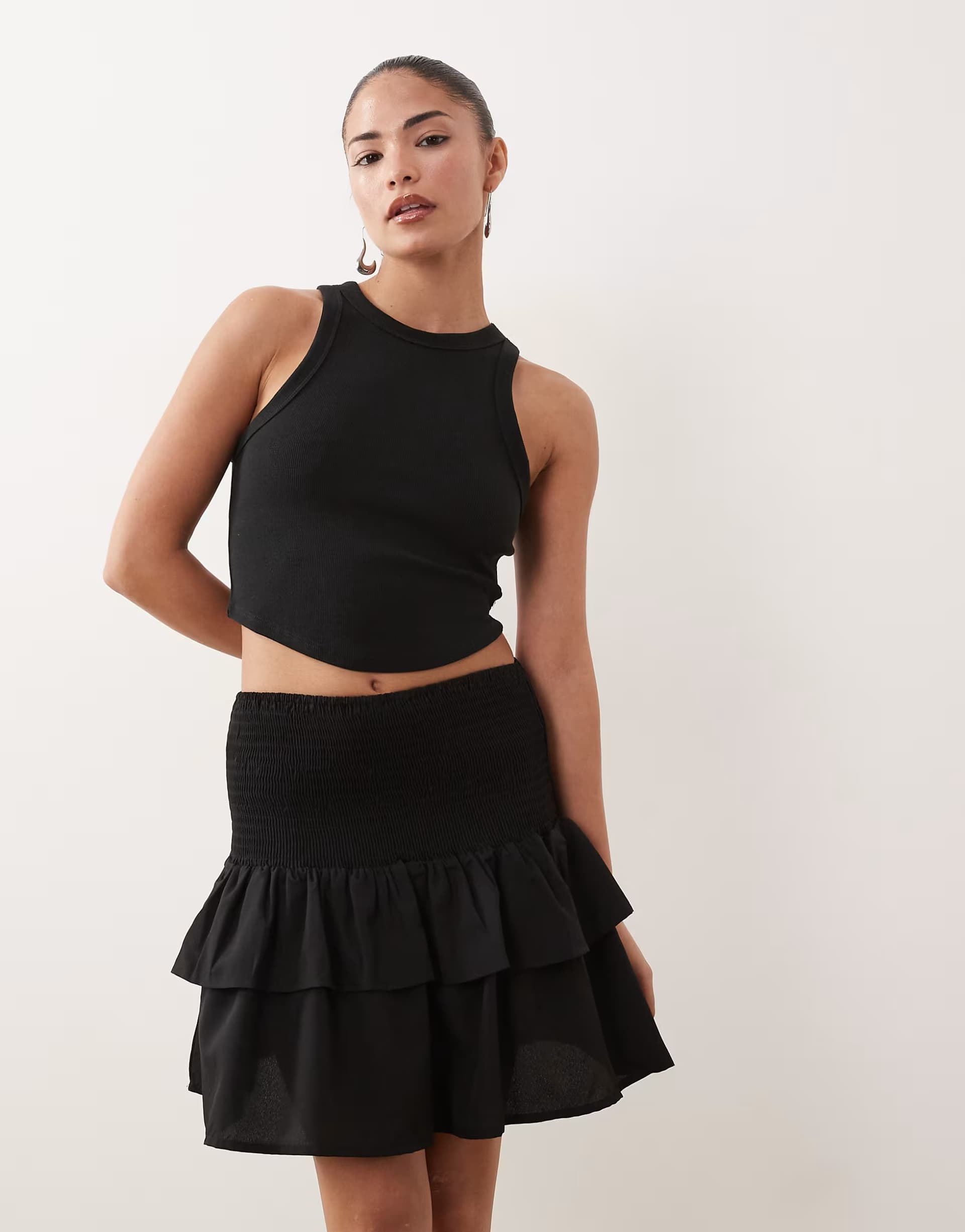 ASOS Vila Petite shirred waist tiered mini skirt in black